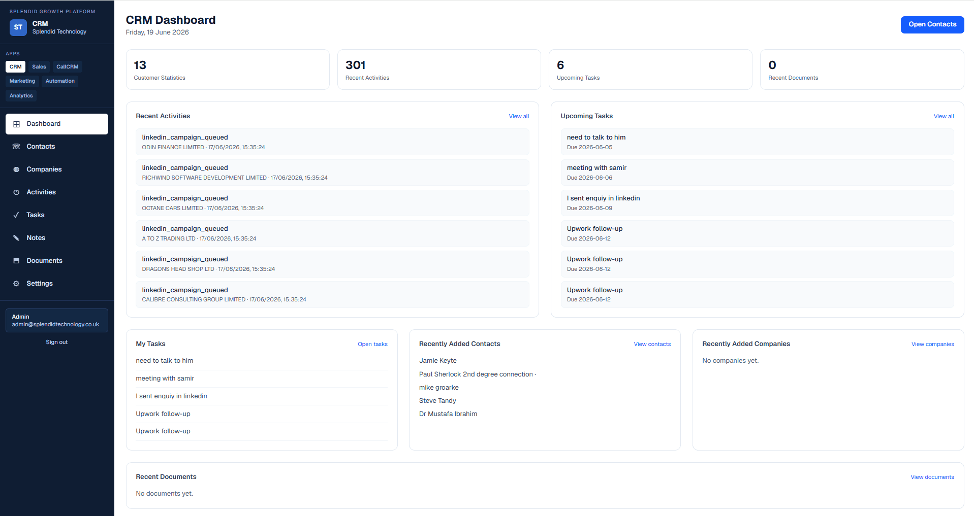 CRM dashboard screenshot showing sidebar, activities, and task panels
